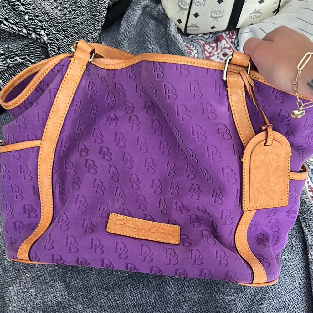 Dooney & Bourke Purple and Tan Shoulder Bag with Leather Trim